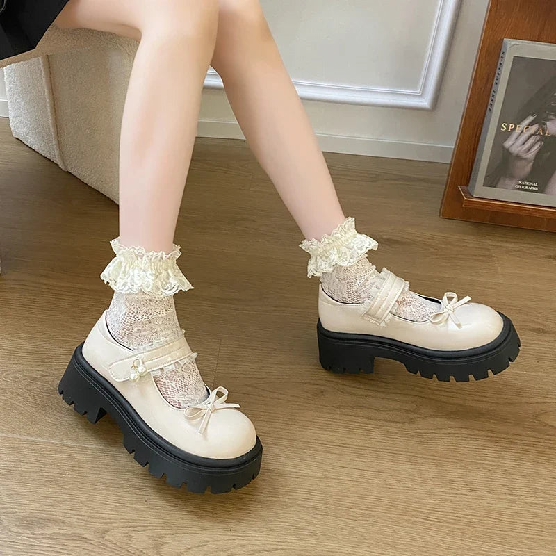 Sweet Bowknot Lace Strap Platform Mary Jane Shoes Women Korean Patent Leather Jk Lolita Shoes Woman 2025 Thick Heel Pumps Female