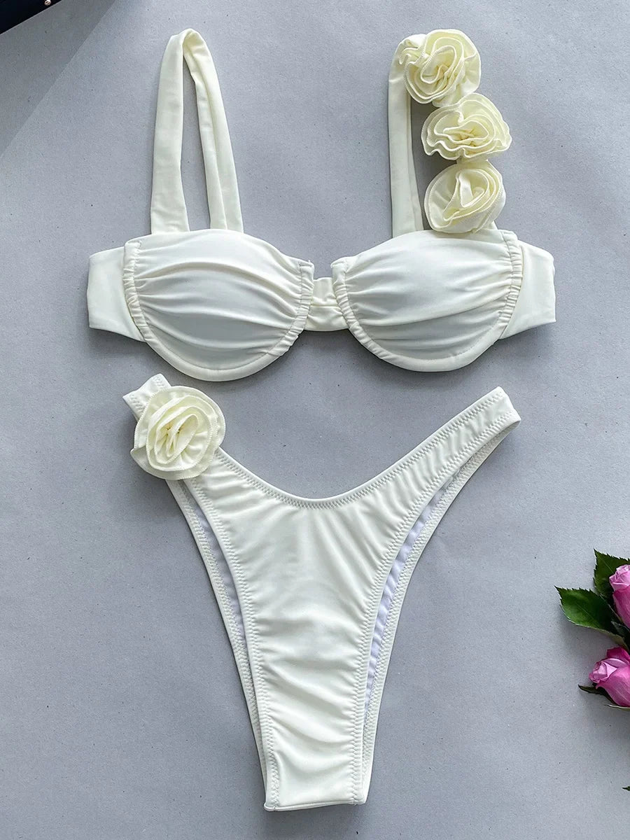 Sexy 3D Flowers Underwired Brazilian Bikini Women Swimwear Female Swimsuit Two-pieces Bikini Set Triangle Bathing Suit Swim Lady