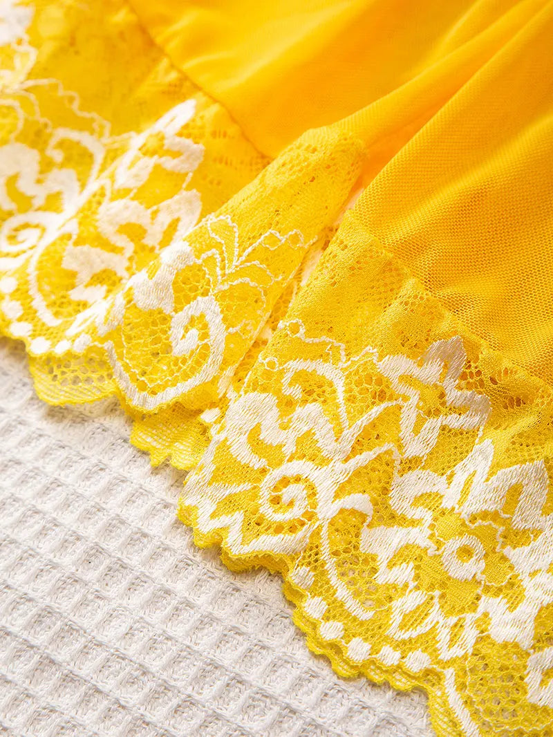 Transparent Thin Style G-string Lace Ruffle Trim Lingerie Set Women Nightgowns Sleeveless Sleepwear Sexy V-Neck Bra Panty Sets