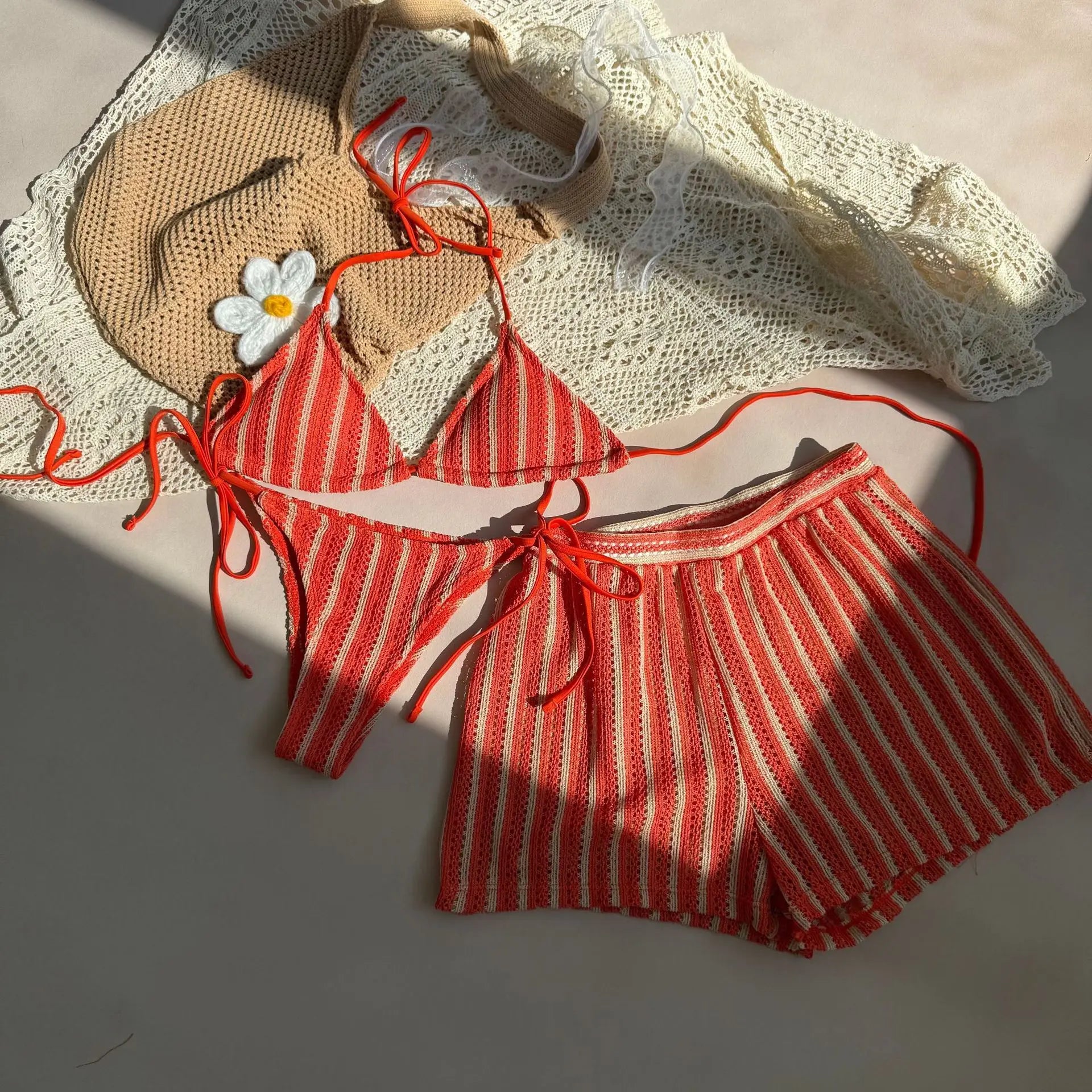 3PCS With Shorts Stripe Halter Fishnet Bikini Women Swimwear Female Swimsuit Three-pieces Bikini Set Bathing Suit Swim Beachwear