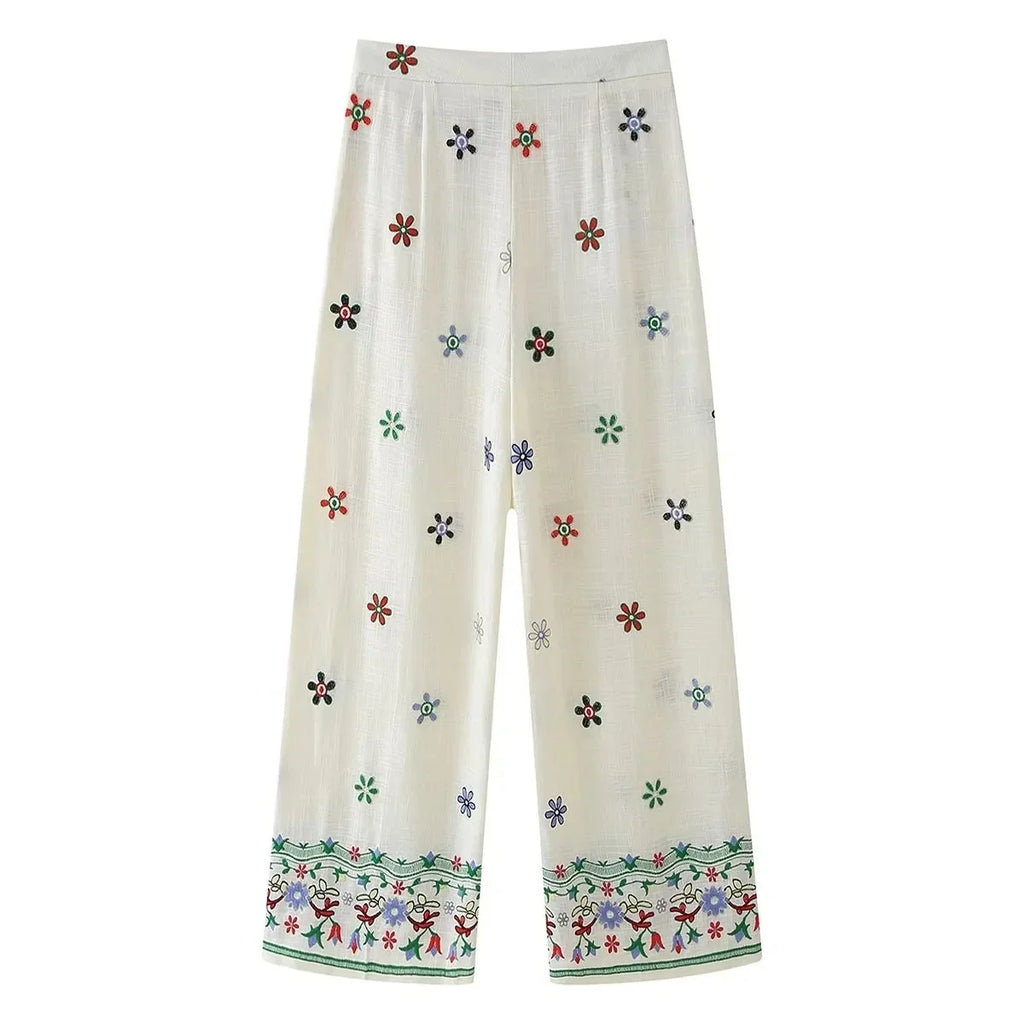 Foridol Floral Embroidery Women Shirt Pants Set Linen 2 Pcs Outfit Female Matching Set Wide Leg Pants Suit 2025 Casual Set