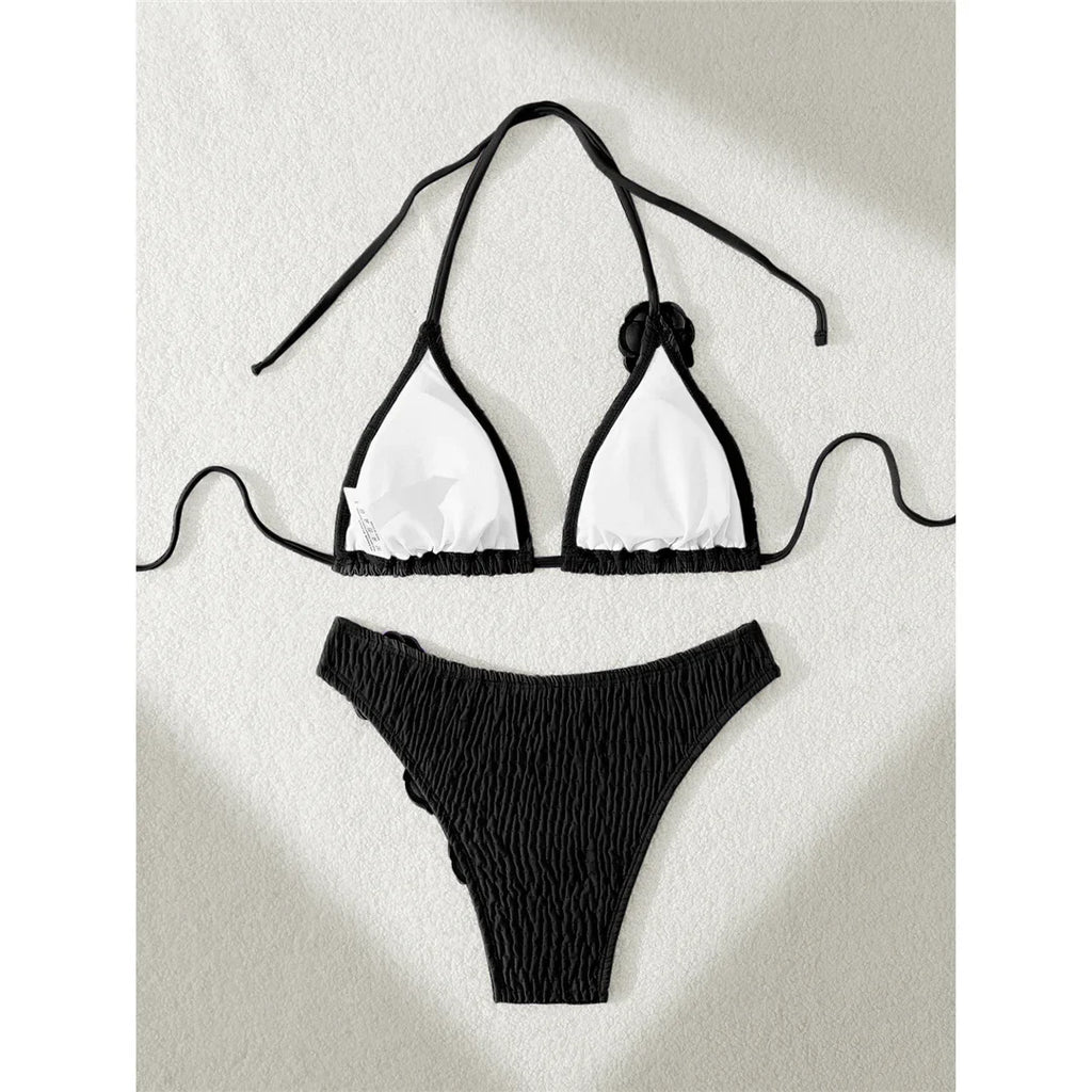 3D Flowers Halter Wrinkled Brazilian Bikini Women Swimwear Female Swimsuit Two-Pieces Bikini Set Bather Bathing Suit Swim V5559
