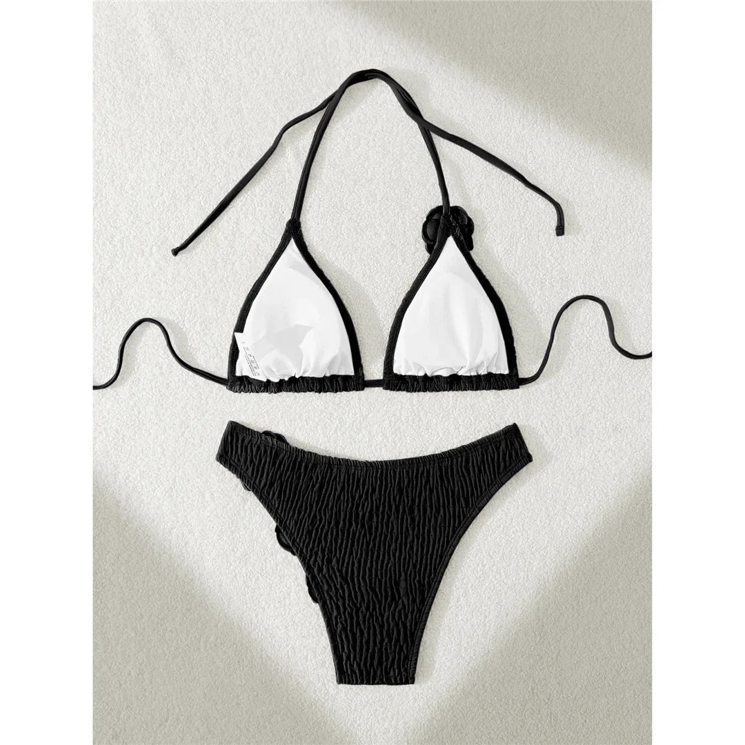 3D Flowers Halter Wrinkled Brazilian Bikini Women Swimwear Female Swimsuit Two-Pieces Bikini Set Bather Bathing Suit Swim V5559