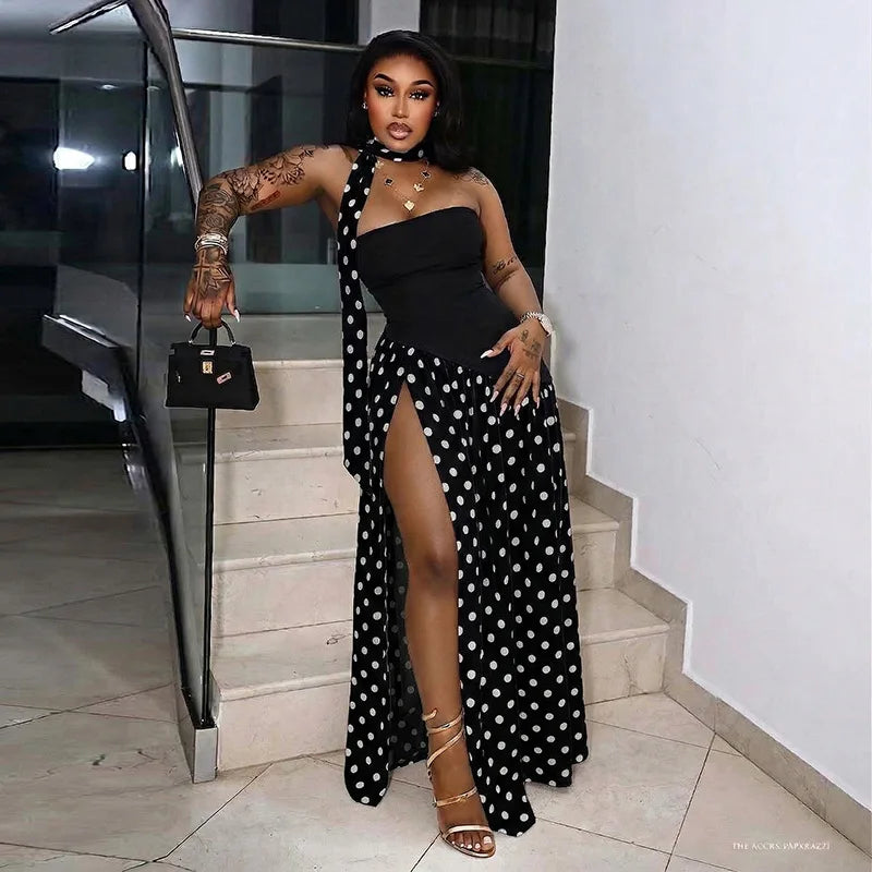 FDYOUI Elegant Bandage Polka Dot Patchwork Evening Dresses Women's 2026 Summer Off Shoulder High Slit Pleated Long Party Dress