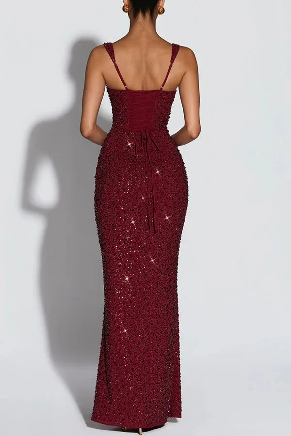 Women's Sequin Maxi Dress Burgundy Square Neck Sleeveless Bodycon Evening Gown Formal Party Prom Cocktail Mermaid Long Dresses