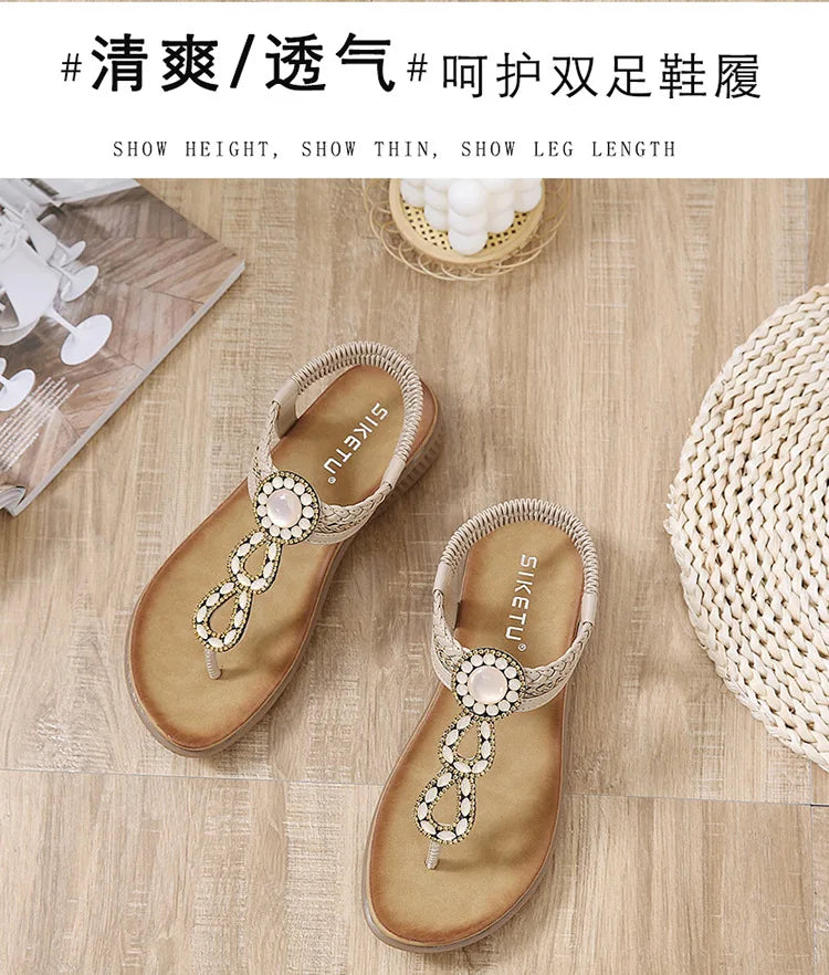 2026 New Shoes for Women Bohemia Crystal Sandals Women Shoes Rhinestone Lady Flip Flops Pearl Slip on Flat Beach Shoes