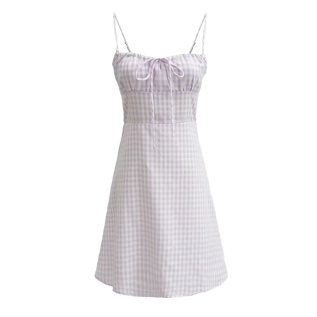 Foridol Spaghetti Strap Tie Up Plaid Dress Women Summer Beach Midi Sundress Strapless Retro Pink Short Vestidos Female Dress