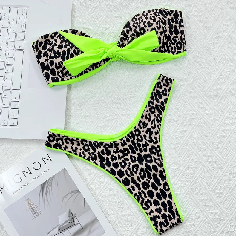 2026 Sexy Bikini Bandeau Women Leopard Bowknot Swimwear Swimsuit Bikinis Set Bathing Suit Bikini Female Push Up Banadores Mujer