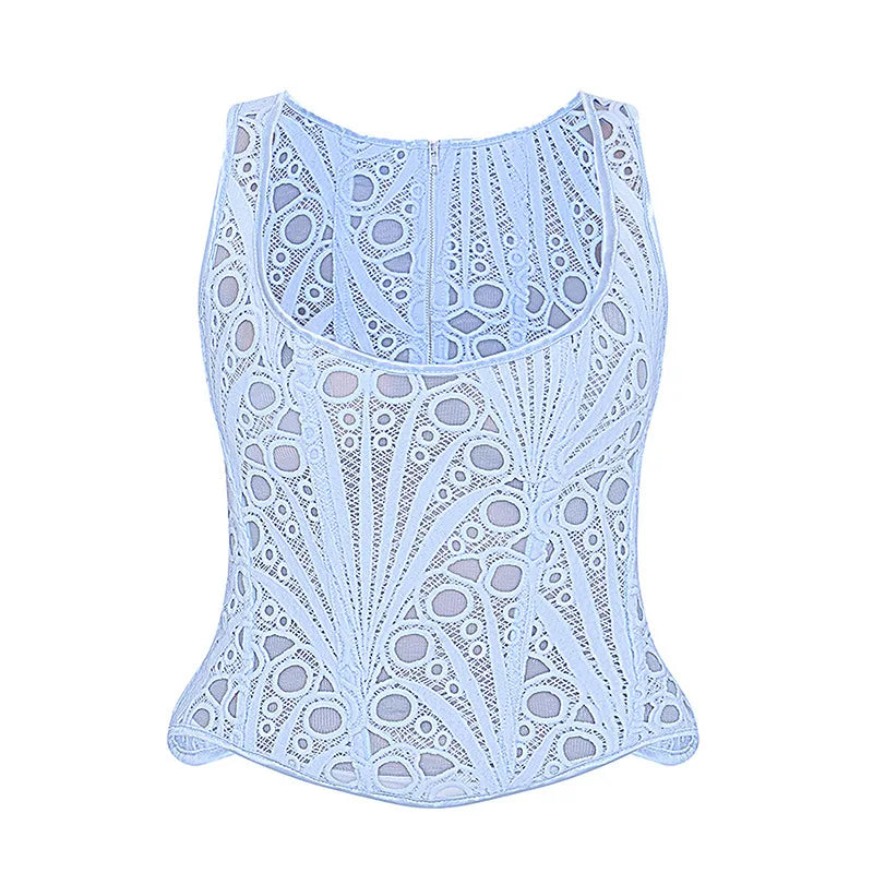Lace Double Layer Fitted Corset Casaul Style Waist Trainer Mesh Solid Color Hollow Out Backless Suspenders Sleeveless Top CSSX