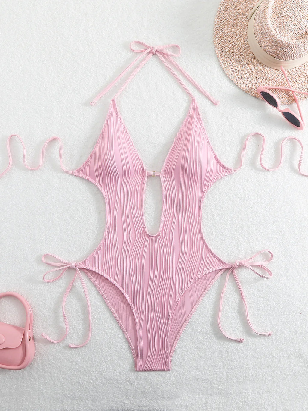 S - XXL Halter V Neck Wrinkled Female Swimwear One Piece Swimsuit Women Backless Monokini High Cut Bathing Suit Swim Beach Wear