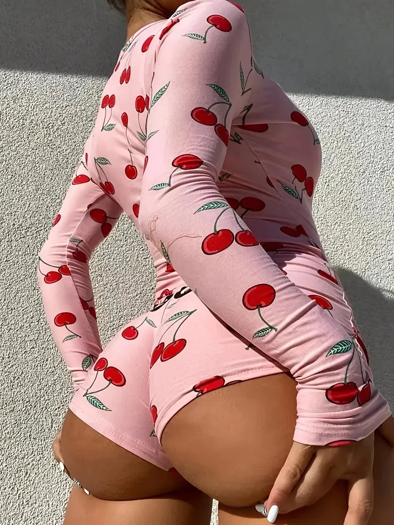Casual Cherry Print V-neck Front Button Onesies Women's Bodysuit Pajamas Sexy Long Sleeve Slim Fit Jumpsuit Sleepwear