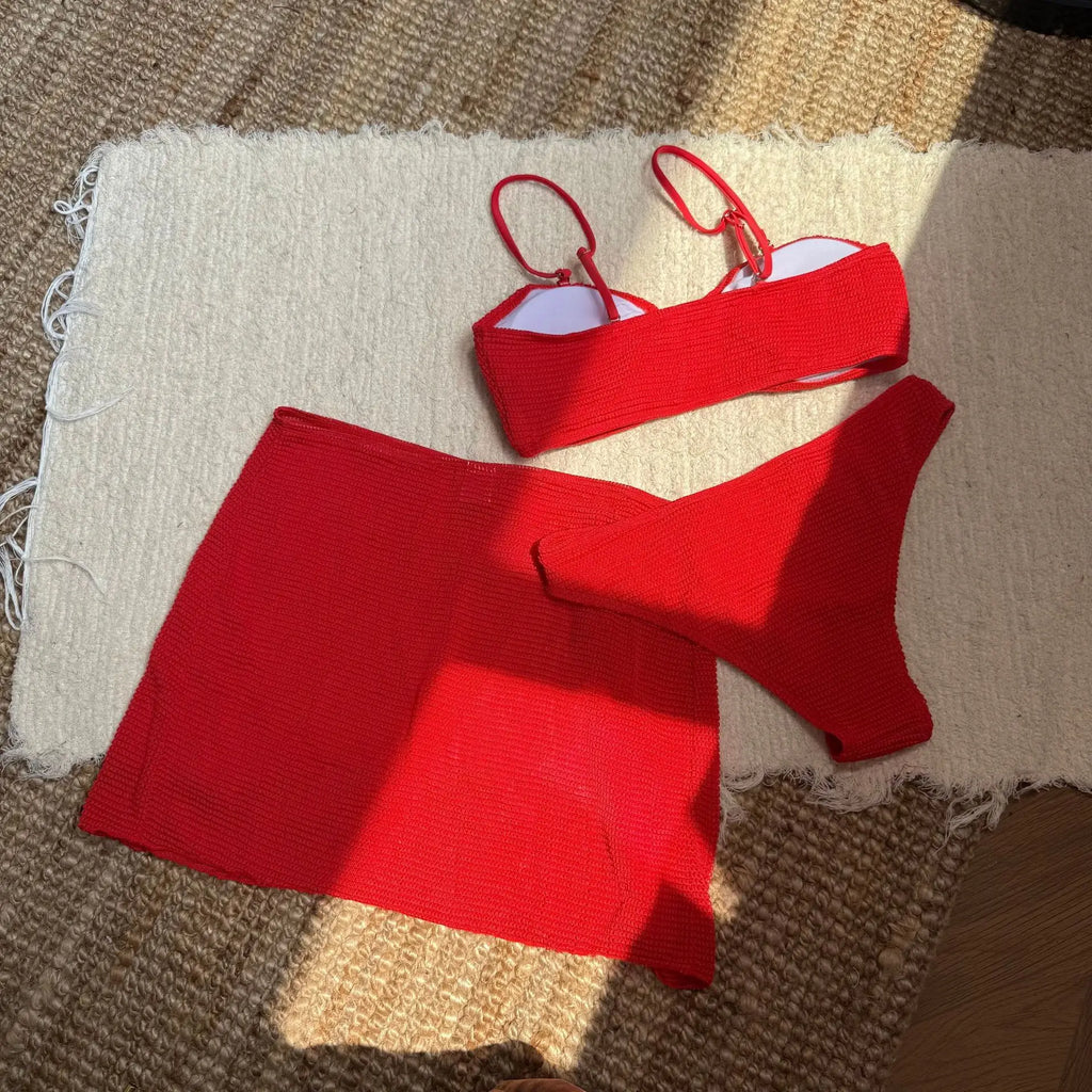 With Skirt Wrinkled Bandeau Bikini Female Swimsuit Women Swimwear Three-pieces Bikini Set Metal Ring Bathing Suit Swim Beachwear