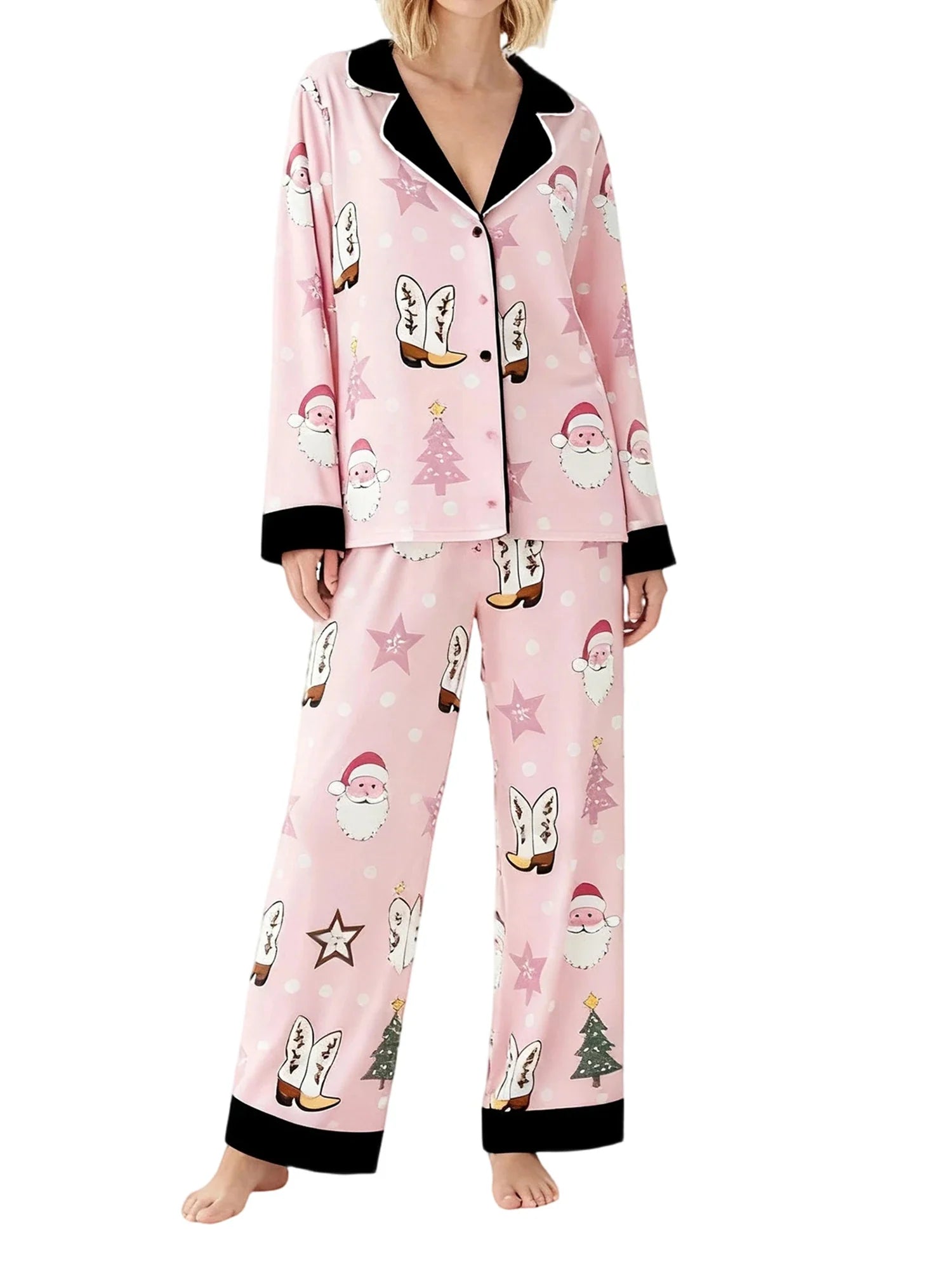 Women's Christmas Pajamas Set Long Sleeve V Neck Stocking Tree Print Tops and Pants Lounge Wear Two Pieces Suits