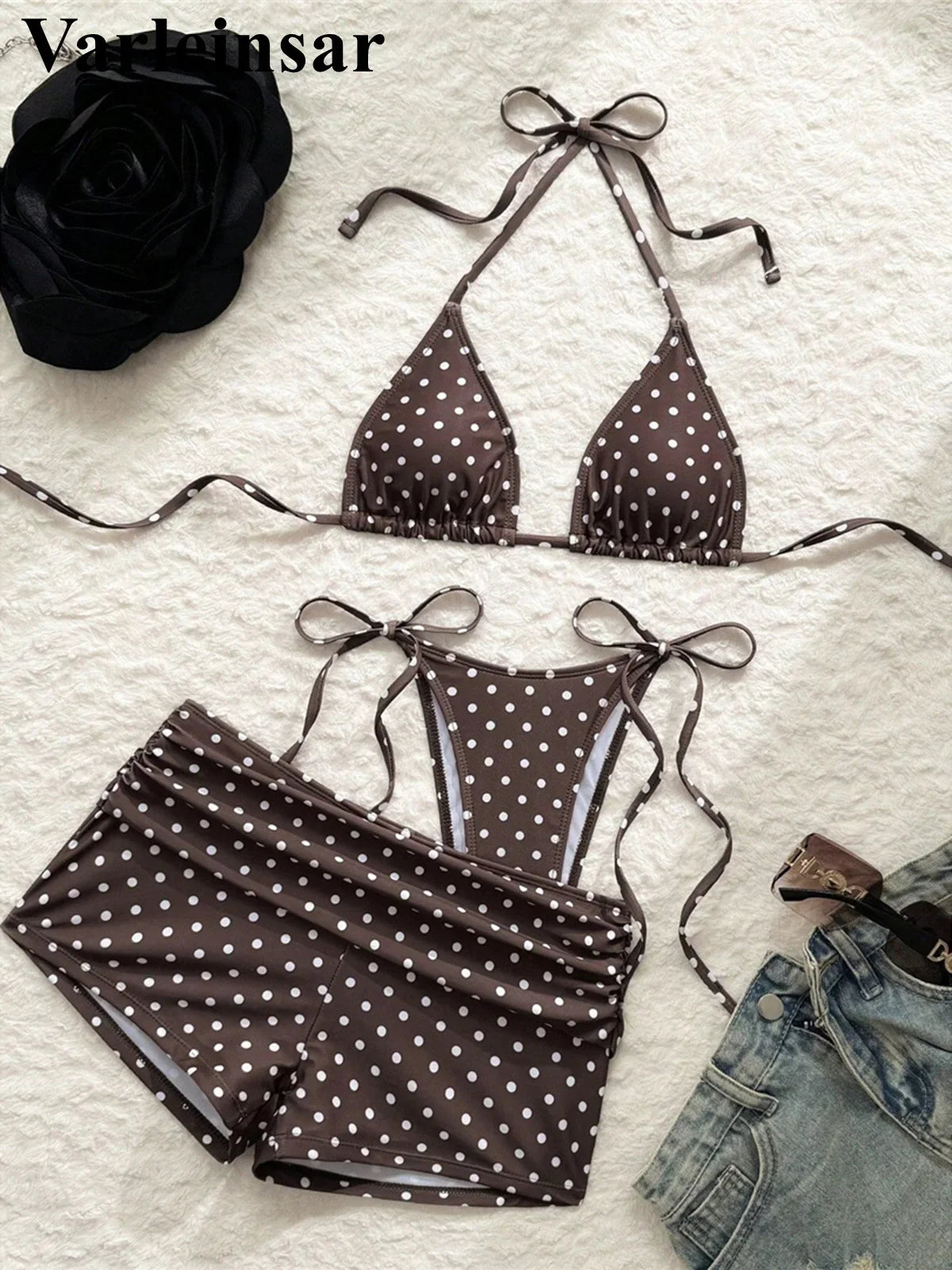 S - XL With Shorts Polka Dot Halter Bikini Female Swimsuit Women Swimwear Three-pieces Bikini Set Bather Bathing Suit Swim V8292
