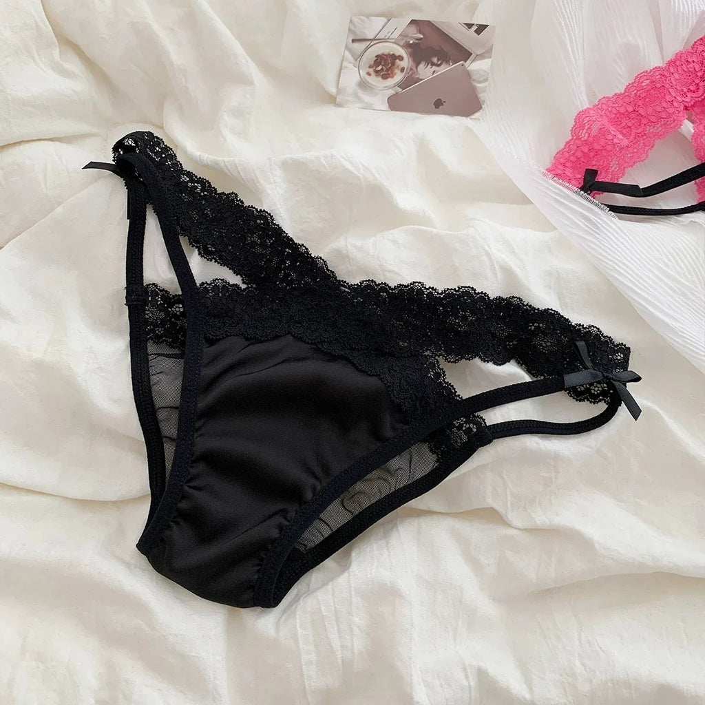 New Cotton Crotch Low Waist Lace Panties Briefs Satin Silk Underwear for Women Cross Belt Bow Lace Briefs Female Lingerie