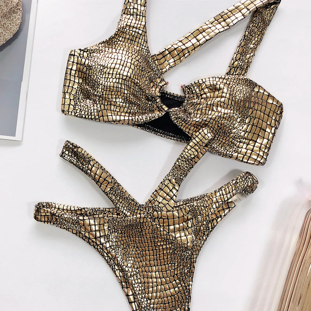 Bikini 2026 Sexy Bronzing Snakeskin Hollow Swimwear Swimsuit Women Bikinis Set Bathing Suit Beach Bikini Luxe Female Metal Ring