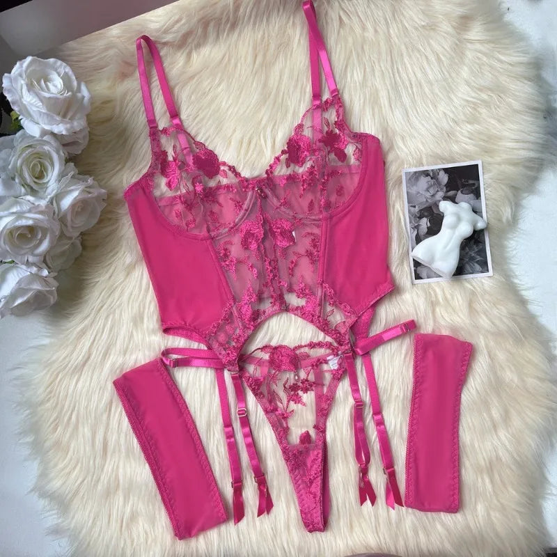 Toucheart Sexy Lingerie Embroidery Printing Bra Garters Set For Women Mesh See- Through Hollow Out Exotic Sexy Underwear Suit