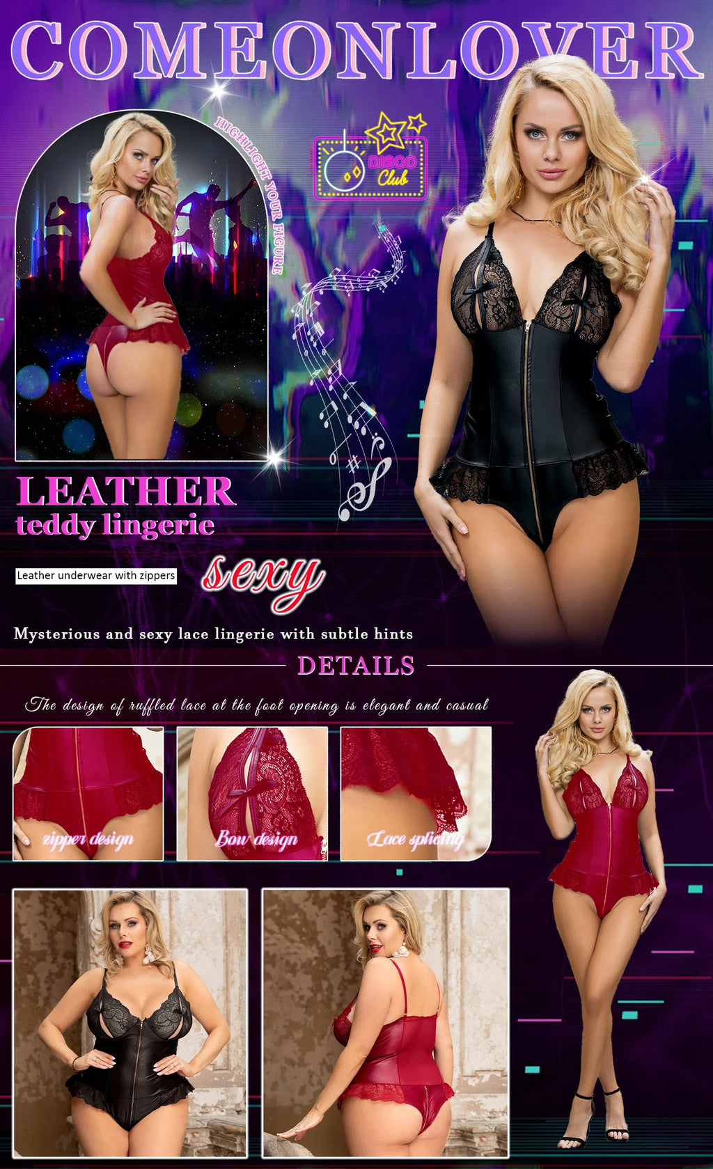 Black Sexy Lingeries Faux Leather Hollow Out Ruffled Lace Zipper Deep V-Neck Jumpsuits Adjustable Straps Elegant Women Bodysuits