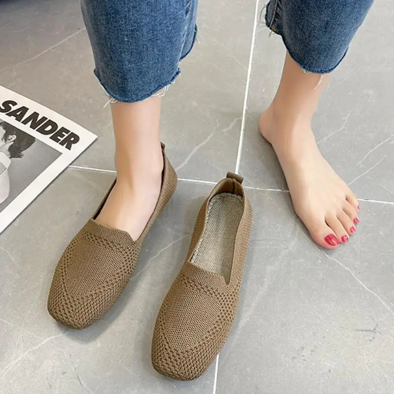 Spring and Autumn Flat Shoes Fashion Leisure Women's Flat Shoes Square Toe Knitting Elastic Comfortable Slip-on Boutique Shoes
