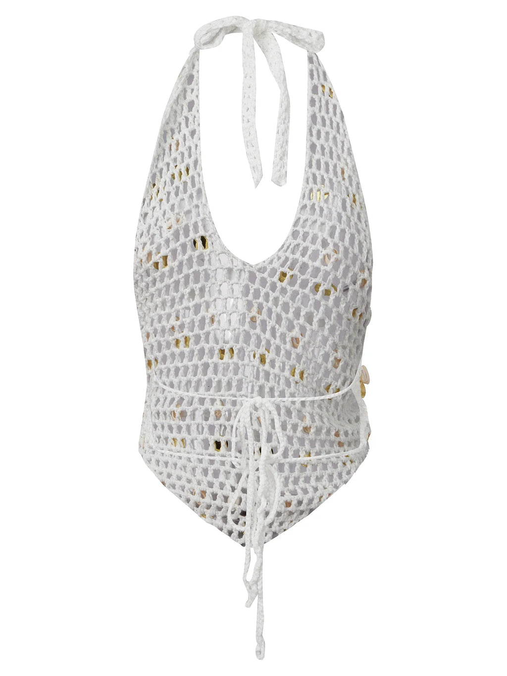 Women Halter Neck Sleeveless Crochet Hollow Out Sequin Seashell Decor Crop Vest Summer Tank Tops for Vacation Beach