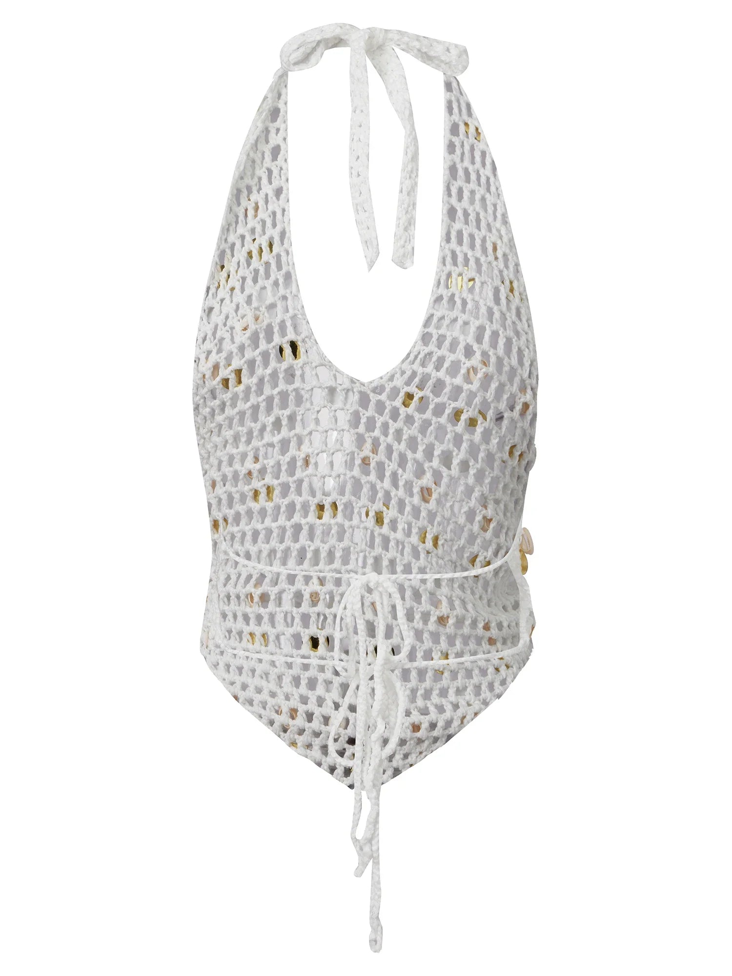 Women Halter Neck Sleeveless Crochet Hollow Out Sequin Seashell Decor Crop Vest Summer Tank Tops for Vacation Beach