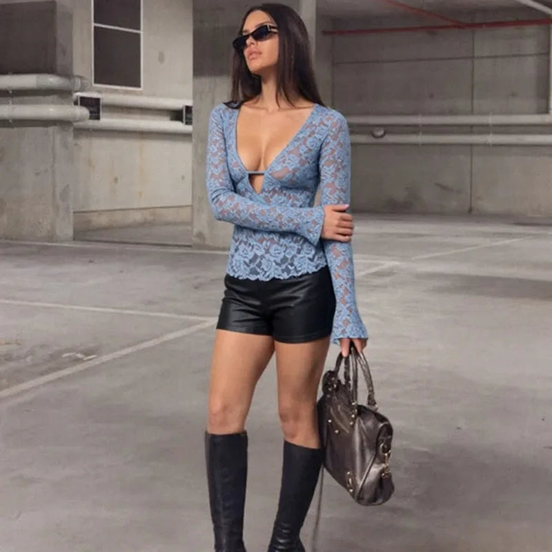 FDYOUI Sexy Deep V-neck Lace T-shirt 2026 Women Long Sleeve See-through Slim Tops Ladies Party Night Club T Shirts Streetwear