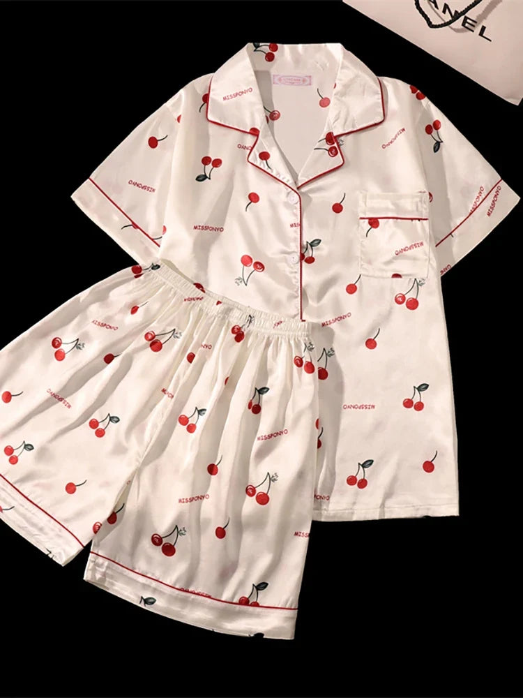 Cherry Print Silk Pajamas Set for Women Summer Short Sleeve Shirt and Shorts Two Pieces Sleepwear Homewear Nightwear