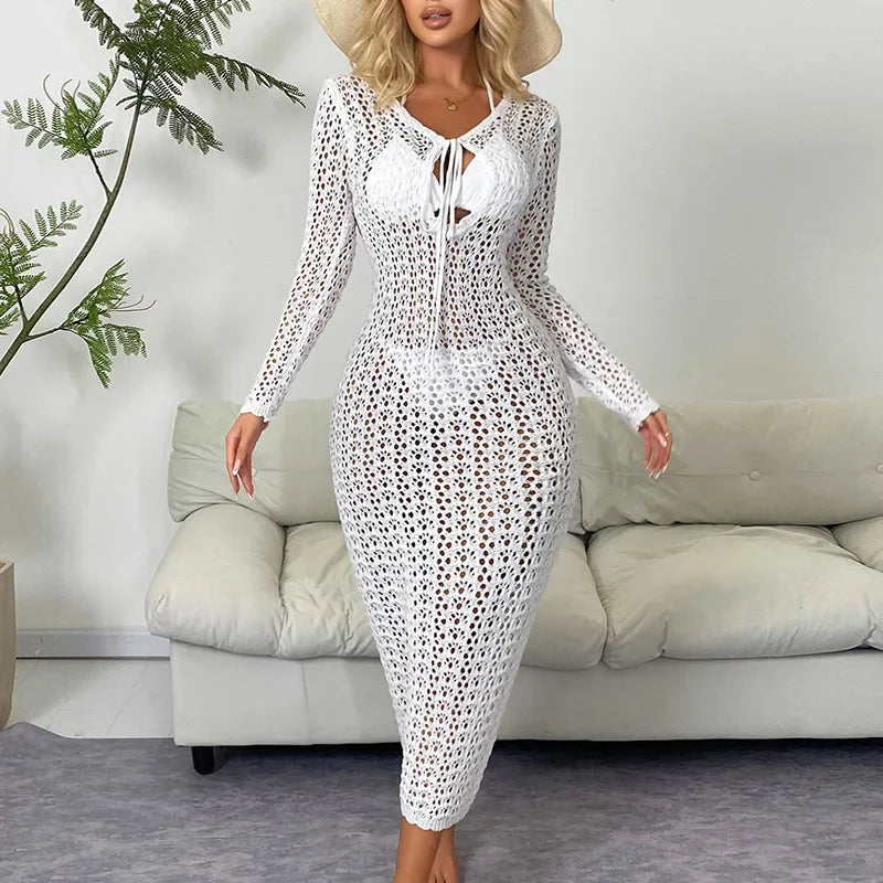 See-through Maxi Dress with V-Neck And Long Sleeves Lace-Up Hollow-out Design for Women Fashionable Beach Holiday Sexy Long Gown