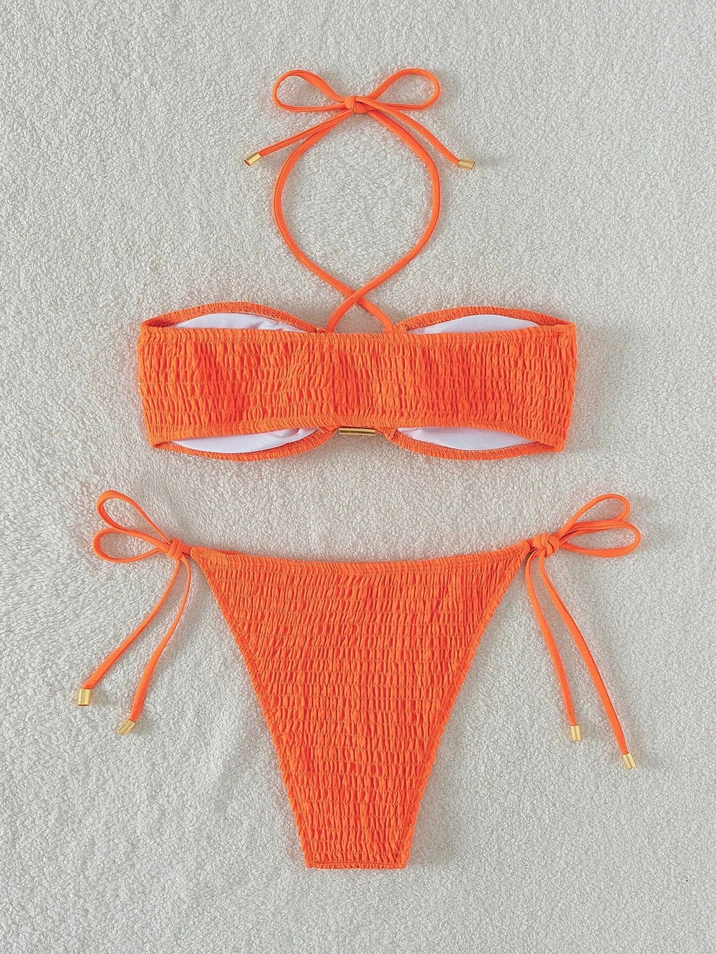 Halter Tie Side Pleated Smocked Bikini Women Bandeau Swimsuit Female Swimwear Two Pieces Bikini Set Bathing Suit Swim Beach Wear
