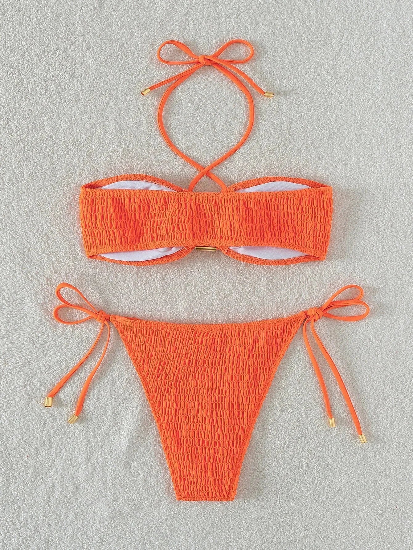 Halter Tie Side Pleated Smocked Bikini Women Bandeau Swimsuit Female Swimwear Two Pieces Bikini Set Bathing Suit Swim Beach Wear