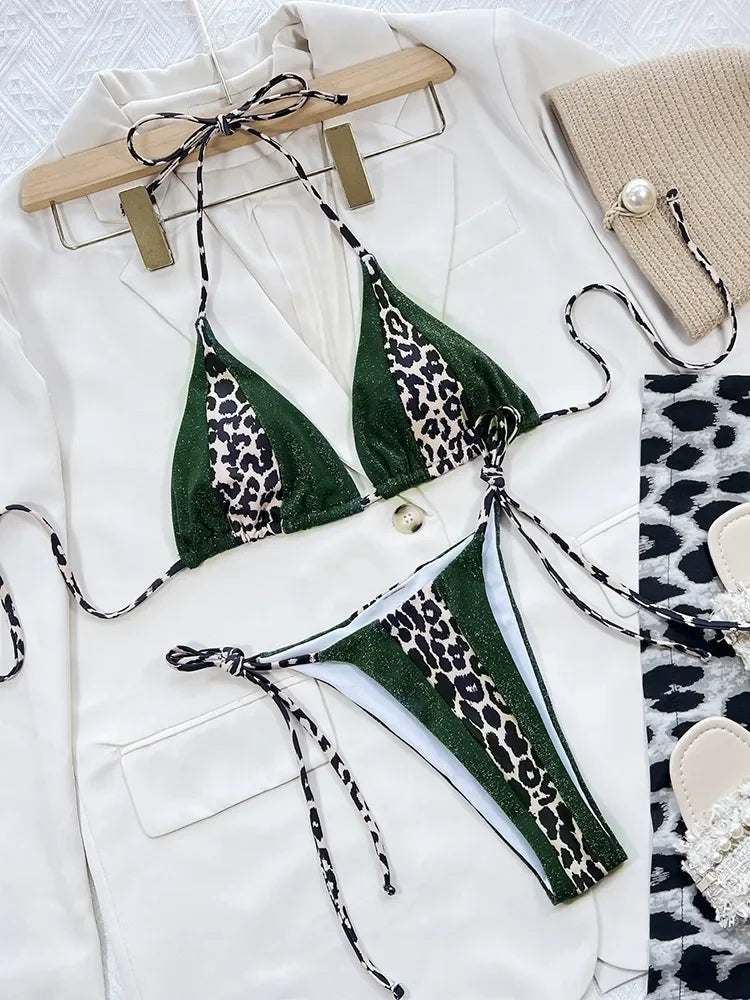 Splicing Leopard Mini Micro String Bikini Women Swimwear Female Swimsuit Two Pieces Bikini Set Halter Bather Bathing Suit Swim