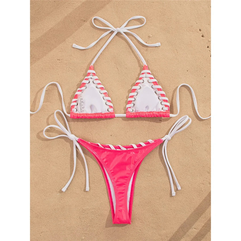 PU Faux Leather Halter Bikini Female Swimsuit Women Swimwear Two-Pieces Bikini Set High Cut Leg Bather Bathing Suit Swim V8095