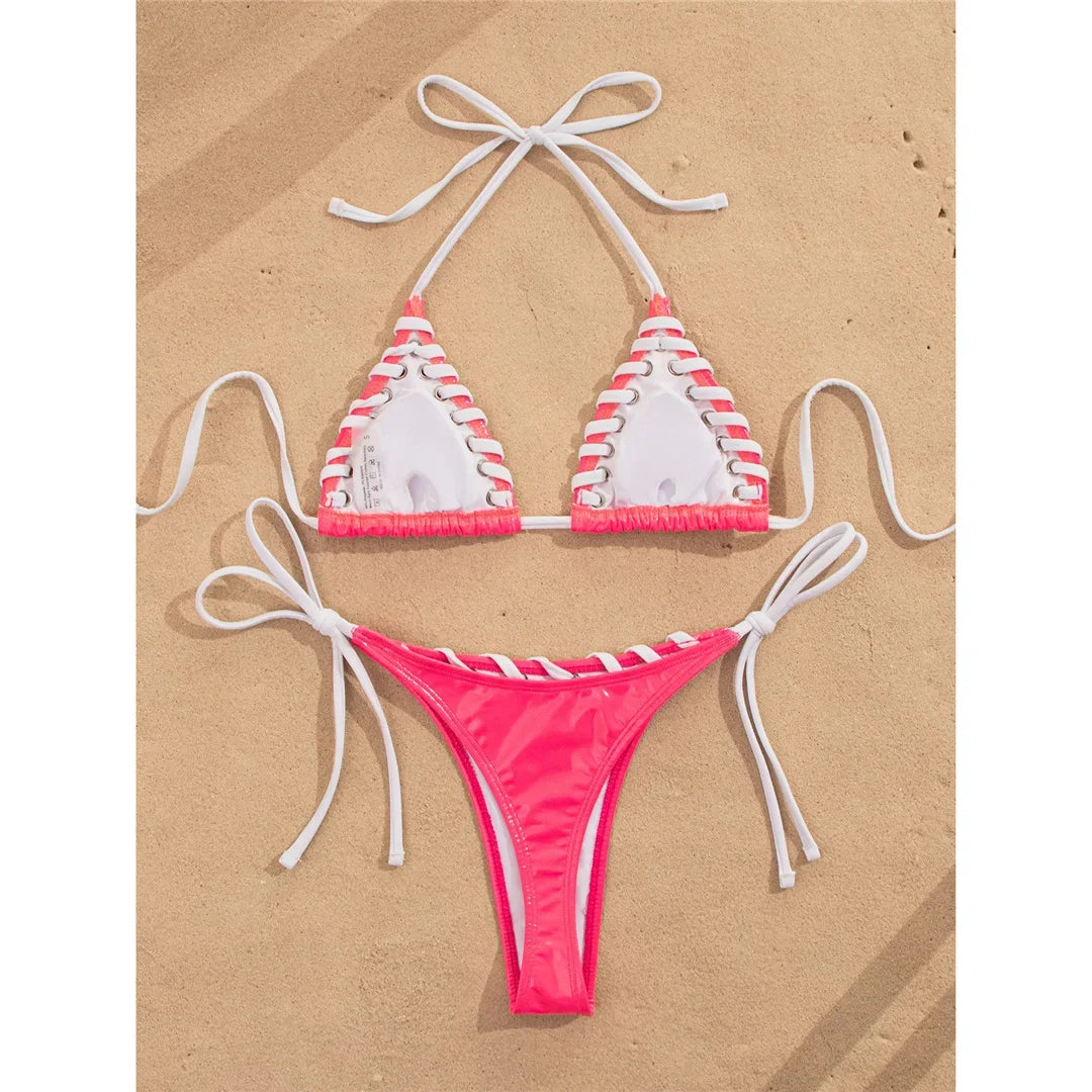 PU Faux Leather Halter Bikini Female Swimsuit Women Swimwear Two-Pieces Bikini Set High Cut Leg Bather Bathing Suit Swim V8095