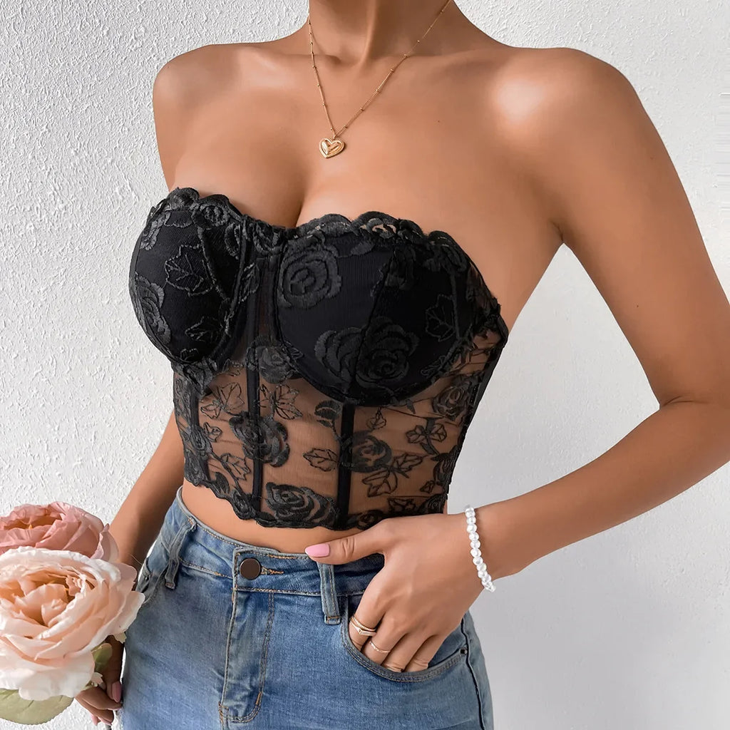Phantasy Sexy Lace See through Crop Top Women Fashion Floral Embroidery Black Tank Top Night club Dress up 2026 Summer Outfit