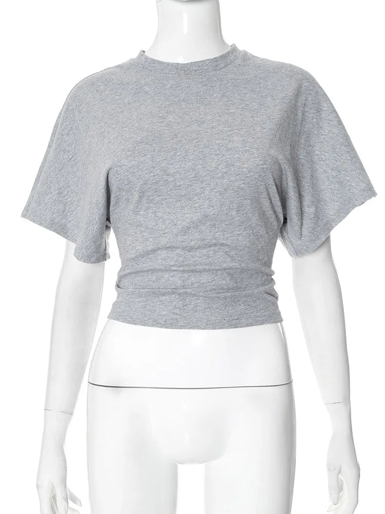 Fashion Casual Solid Gray Cropped T-shirt 2026 Woman Clothes O-neck Corset Tops Streetwear Girls Summer Autumn Short Tee Shirts