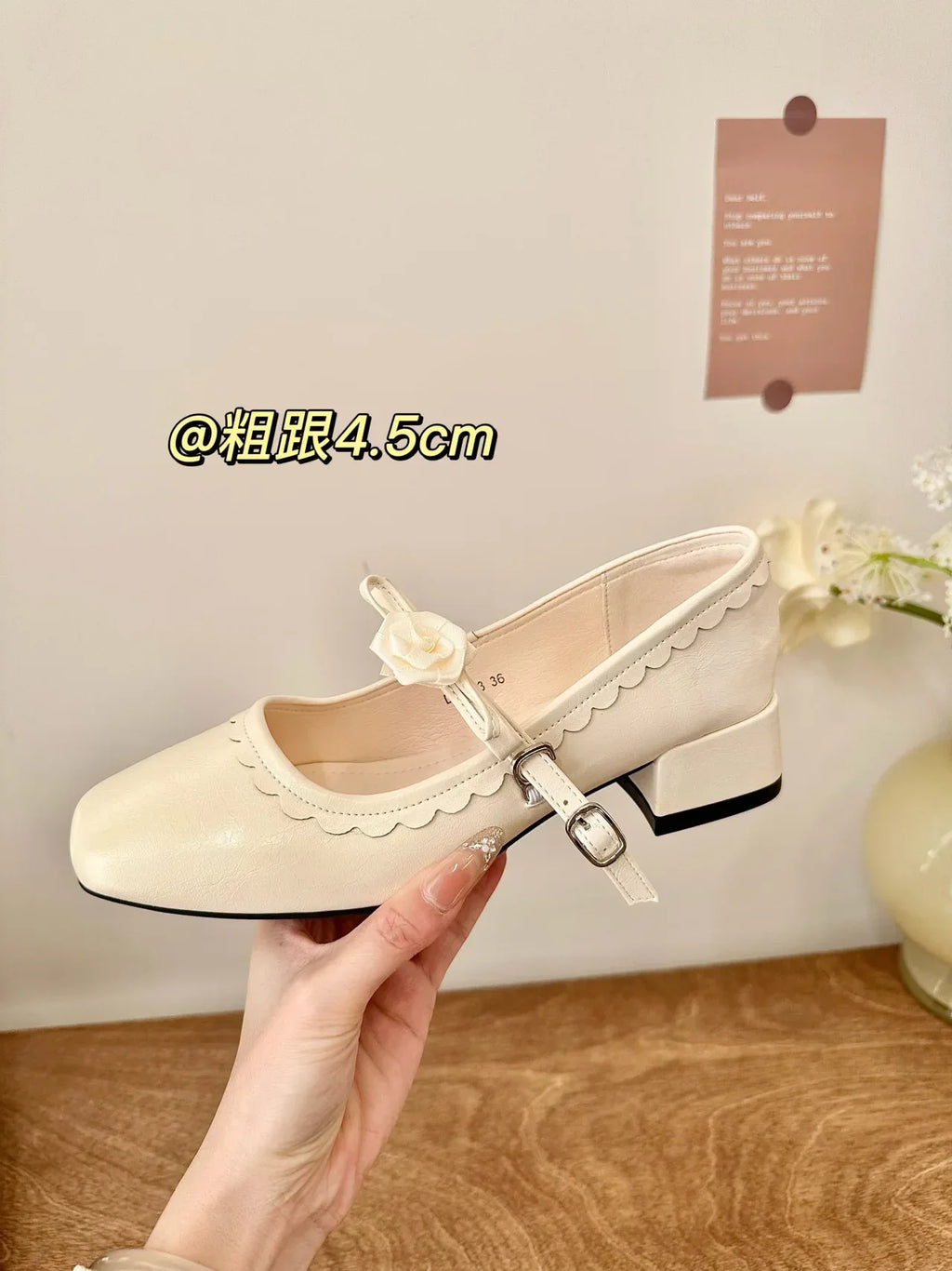 2026 Floral Rose Women Mary Jane Shoes Fashion Buckle Strap Thick Heel Shoes Ladies Elegant Daily Wedding Leather Dress Pumps