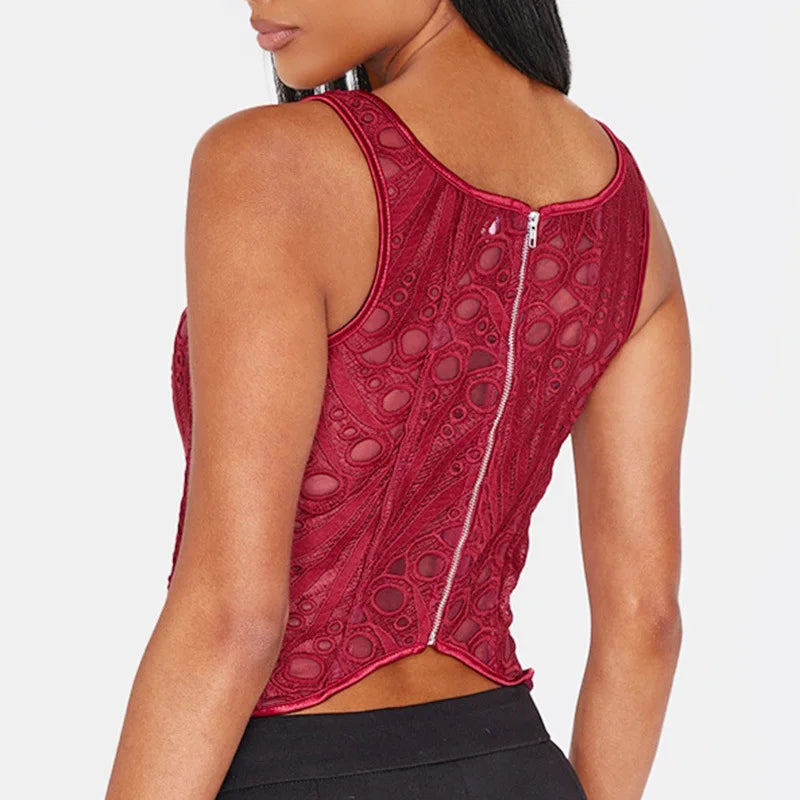 Lace Double Layer Fitted Corset Casaul Style Waist Trainer Mesh Solid Color Hollow Out Backless Suspenders Sleeveless Top CSSX