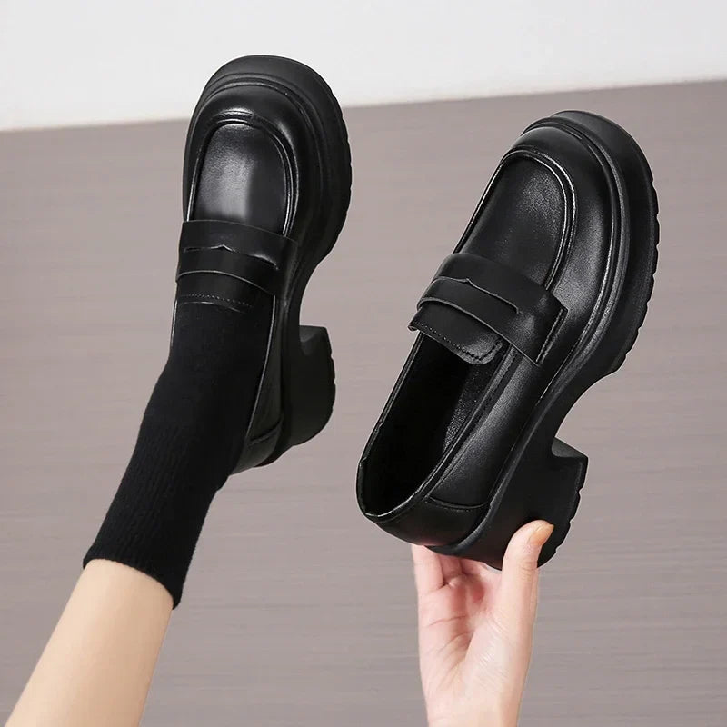 Brown Pu Leather Platform Loafers for Women British Style Round Toe Thick Heel Pumps Woman Slip On High Heels Office Shoes Lady