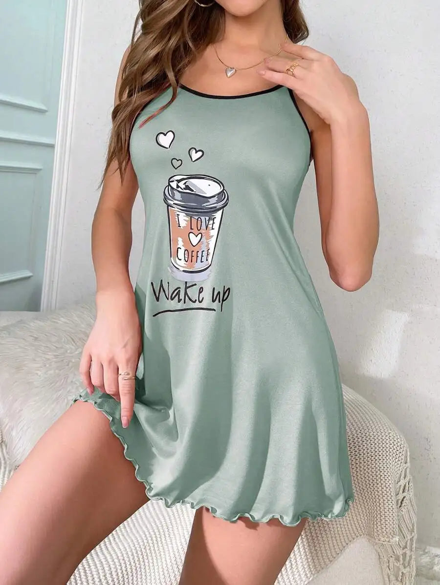 Summer Cute Letter Print Nightdress Women Nightgown Spaghetti Strap Mini Cami Lettuce Hem Contrast Trim Loungewear