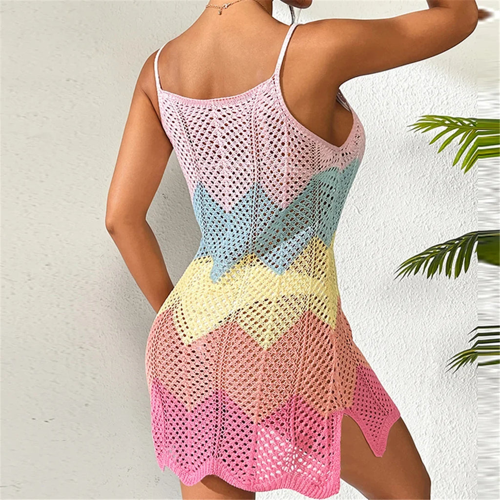 2025 New Colorful Hollow Out Crochet Knitted Tunic Beach Cover Up Cover-ups Beach Dress Beach Wear Beachwear Female Women K6522