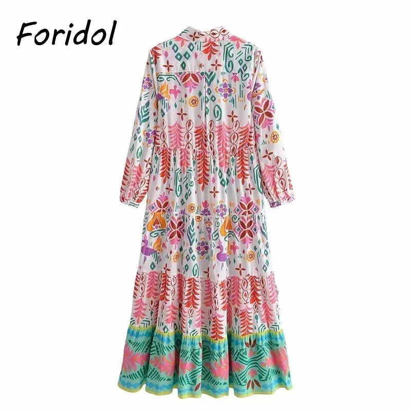 Foridol Floral Print Casual Boho Shirt Dress Maxi Long Autumn Winter Long Sleeve Dress Vestidos 2025 Button Up Dress