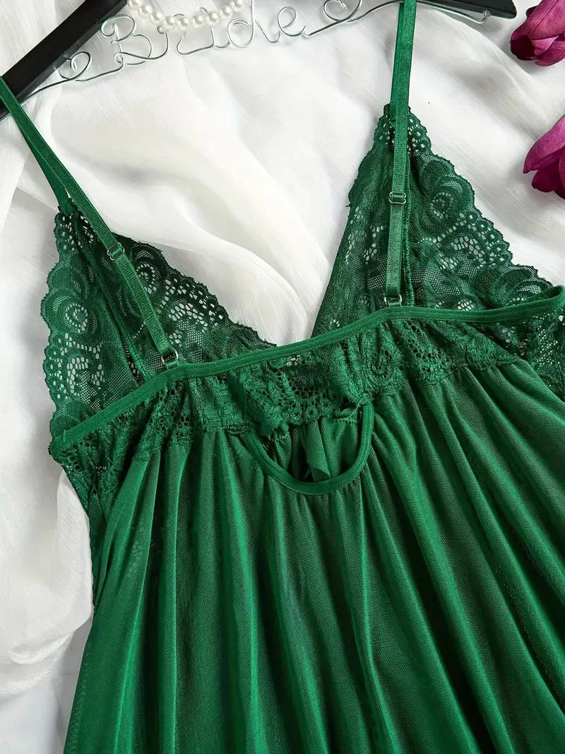 Summer Soft Sheer Nighty Pajamas Nightgowns Dark Green Halter Dress Women Sleepwear Sexy Nightdress Thong Sets