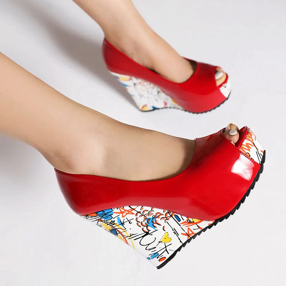 2026 New Big Size 33-43 Summer White Bohemian Graffiti Platform Pumps Slip On Black Red Chunky High Heels Wedges Shoes Women