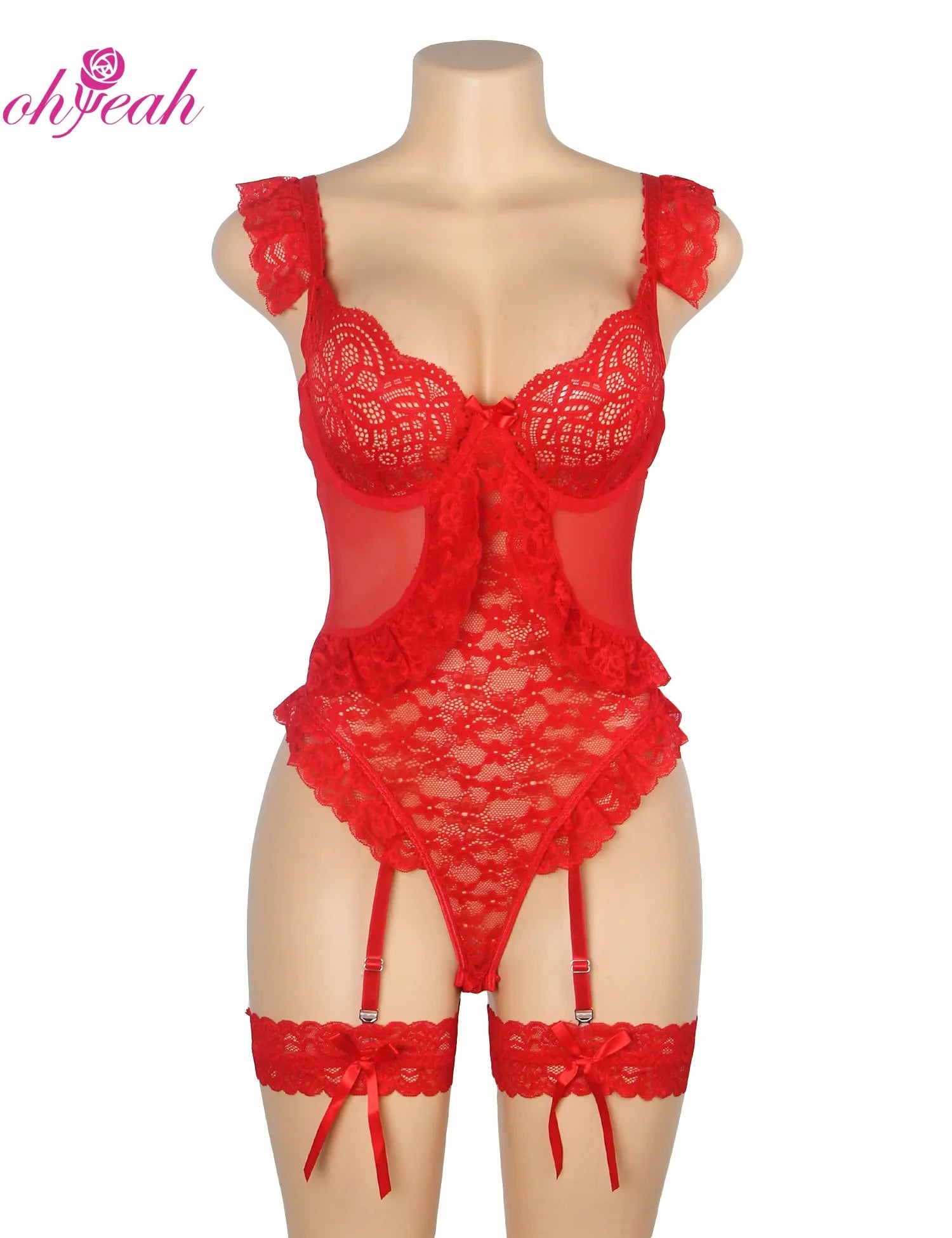 Plus Size Sheer Mesh Teddy Bodysuit for Women Sexy Lace Lingerie Set with Adjustable Garter Belt Curvy Nightwear Romantic Outfit