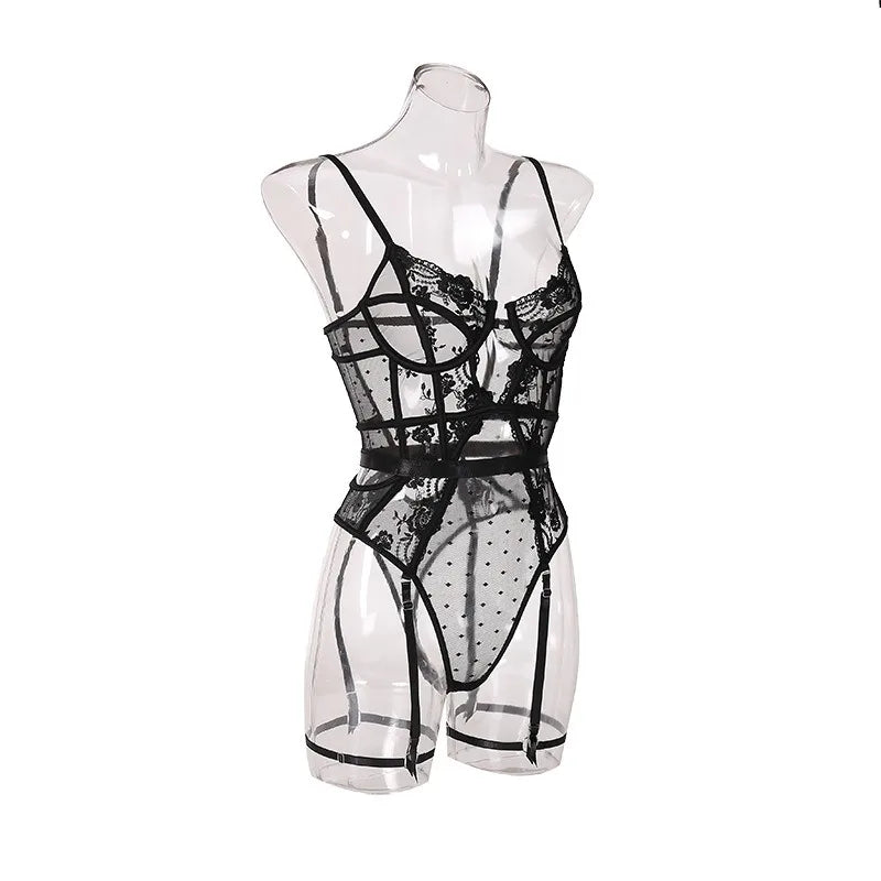 Toucheart Lace Sexy Skinny Babydoll Bodysuit Embroidery Erotic Private Adult Suit Solid Color Patchwork High Waisted Sexy Set