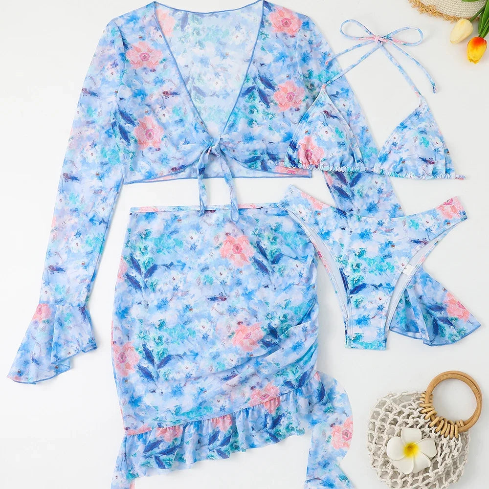 4 Pieces String Bikinis 2026 Women Sexy Swimwear Female Floral Swimsuit Bathers Bathing Swimming Swim Suit Beachwear Summer