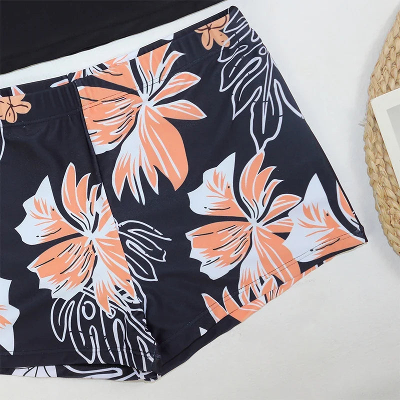 Women Two Pieces Vintage Print Rash Guard Swimwear Long Sleeve Shirt Shorts Surf Top Retro Print Running Shirt Split Swimsuit