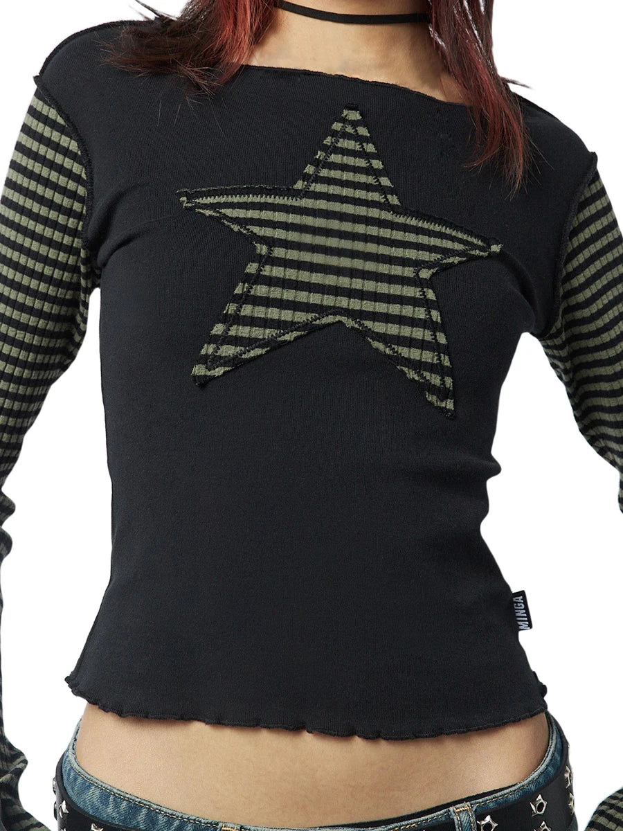 Early Autumn Punk Style Slim Fit T-shirt Women Long Sleeve Crew Neck Star Stripes Patchwork Ladies Tops for Casual Daily