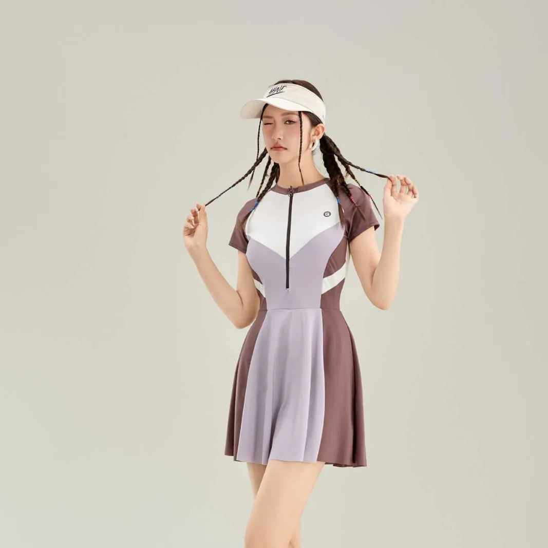 New Sports One-piece Fashionable Swimsuit for Women, Color Blocked High Waist, Belly Covering, Slimming Skirt, Vacation Swimsuit