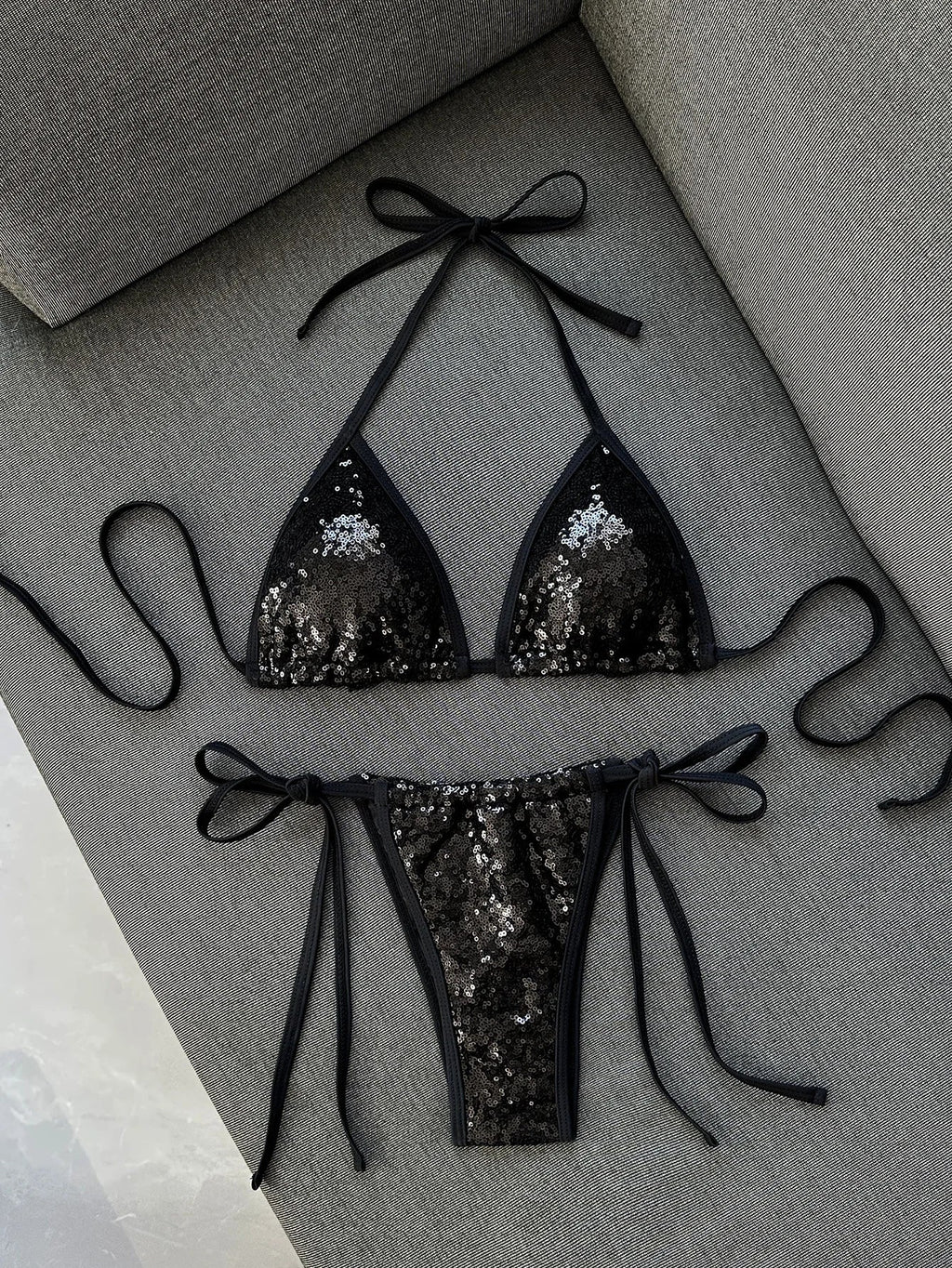 Sexy Shiny Sequin Black Bikini Set 2026 Women Push Up Bra Tie Side Thong Swimsuit Beach Bathing Suit Hoiday Swimwear Biquini
